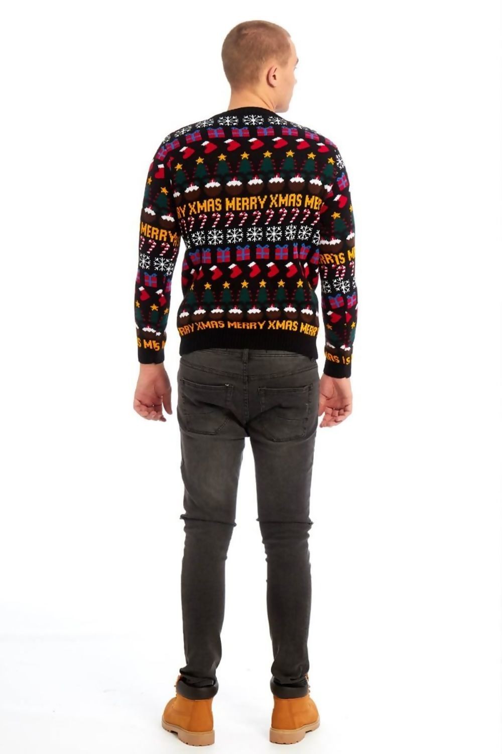 Maglione natalizio da uomo nero con fantasie di natale