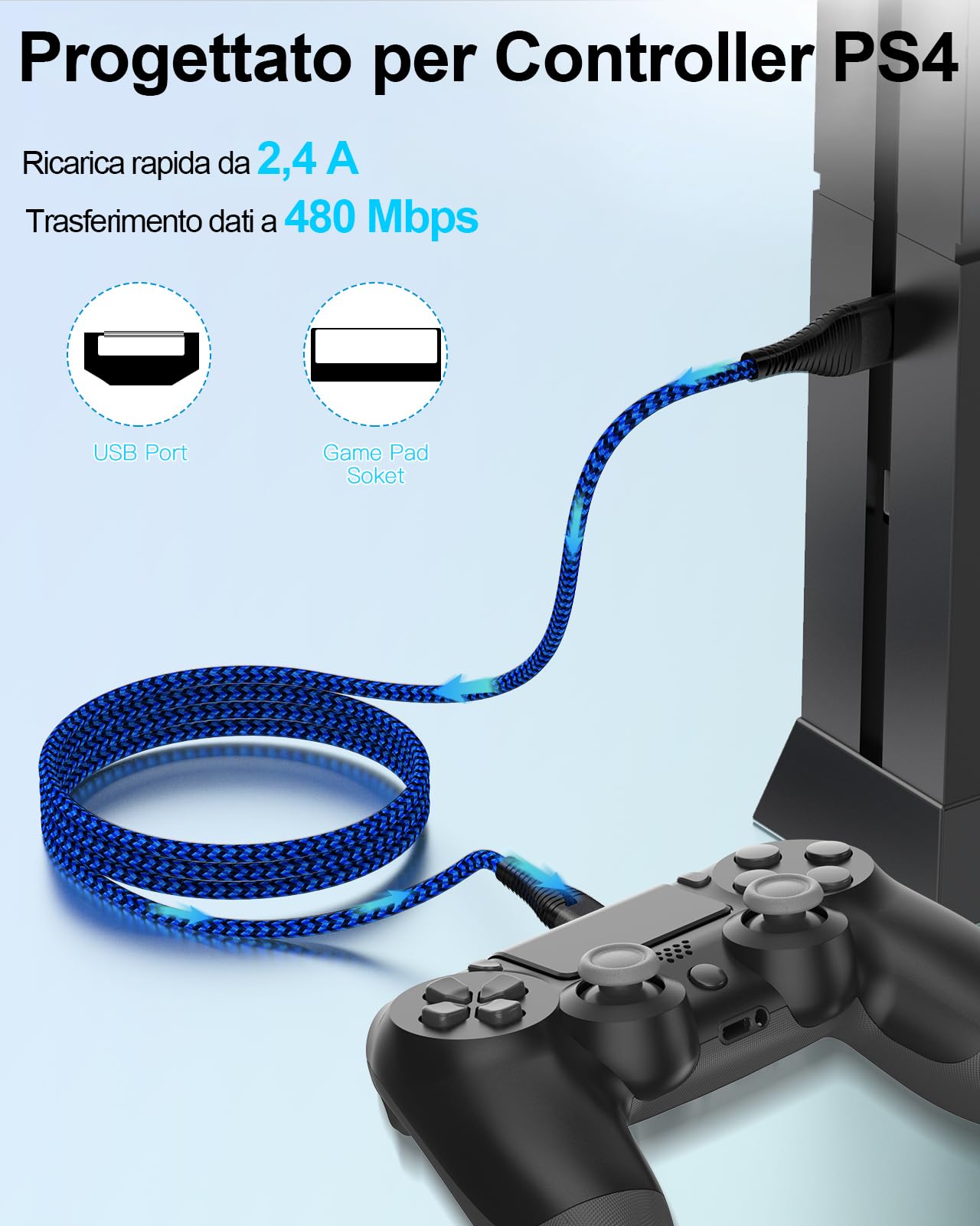 HUNYYN Cavi di Ricarica Micro USB da 3 Metri per Controller PS4 - Set da 2, Compatibile con Sony Joypad PlayStation 4/DualShock 4/Joystick PS4/PS4 Pro/PS4 Slim/Vecchio Controller Xbox One