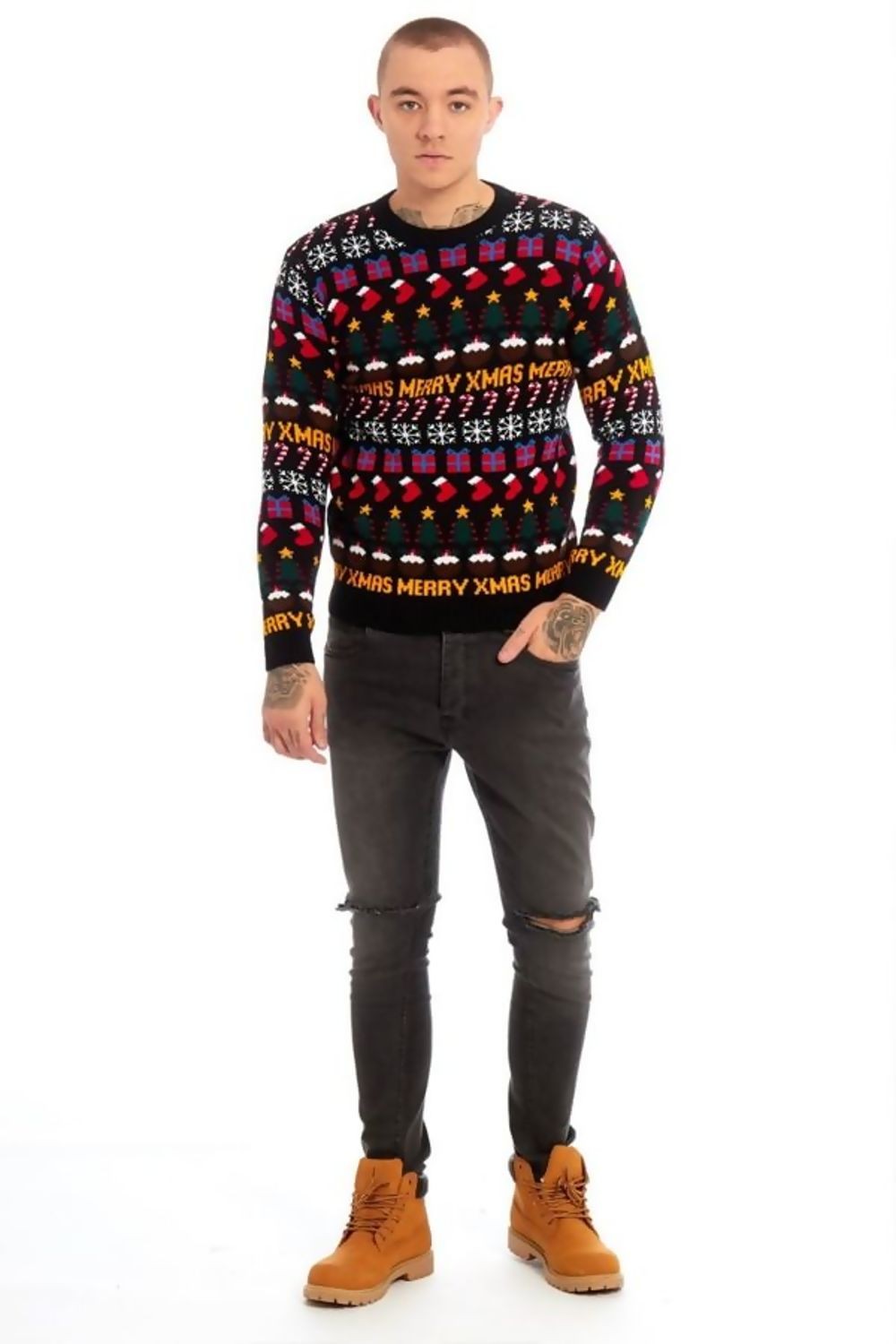 Maglione natalizio da uomo nero con fantasie di natale