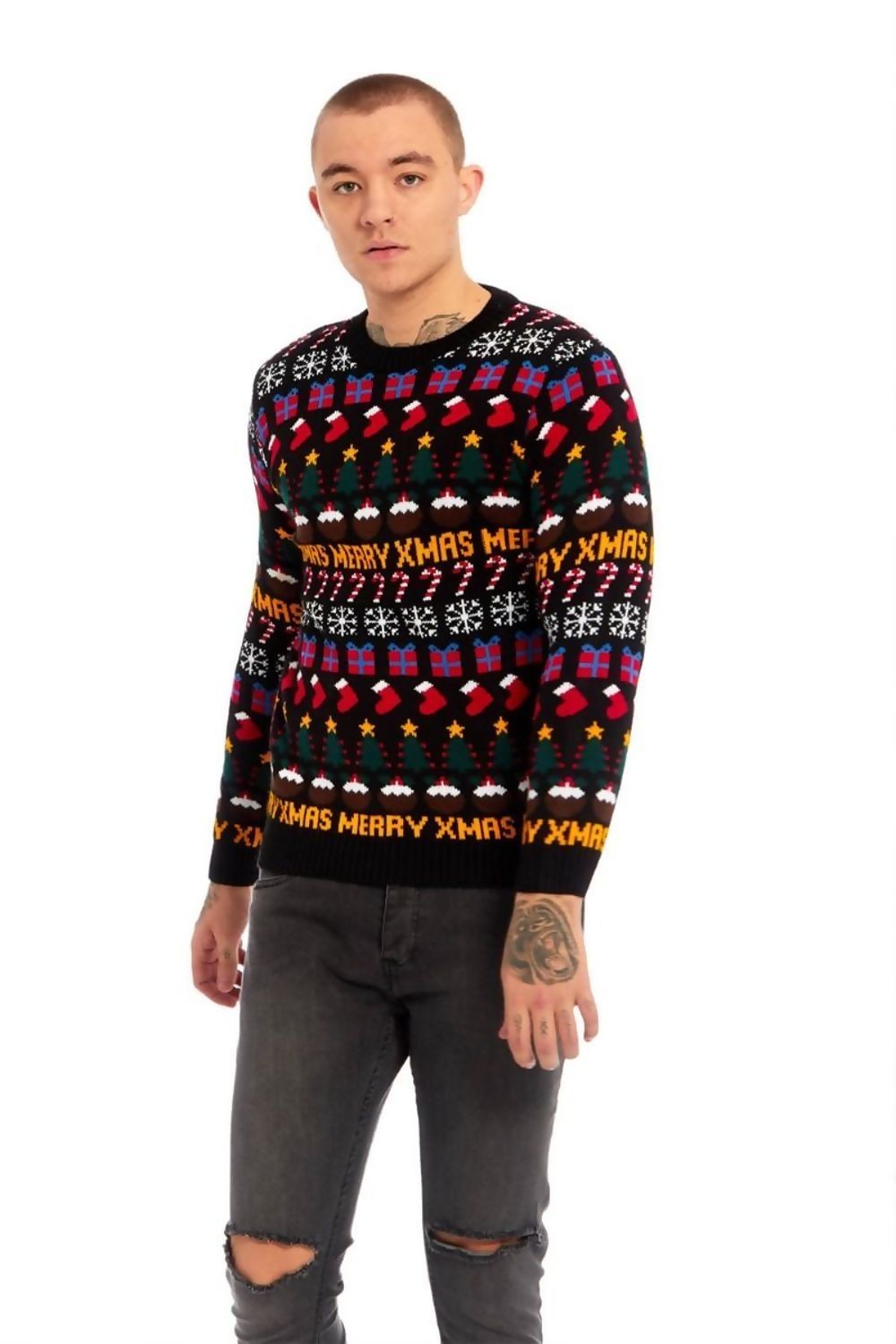 Maglione natalizio da uomo nero con fantasie di natale