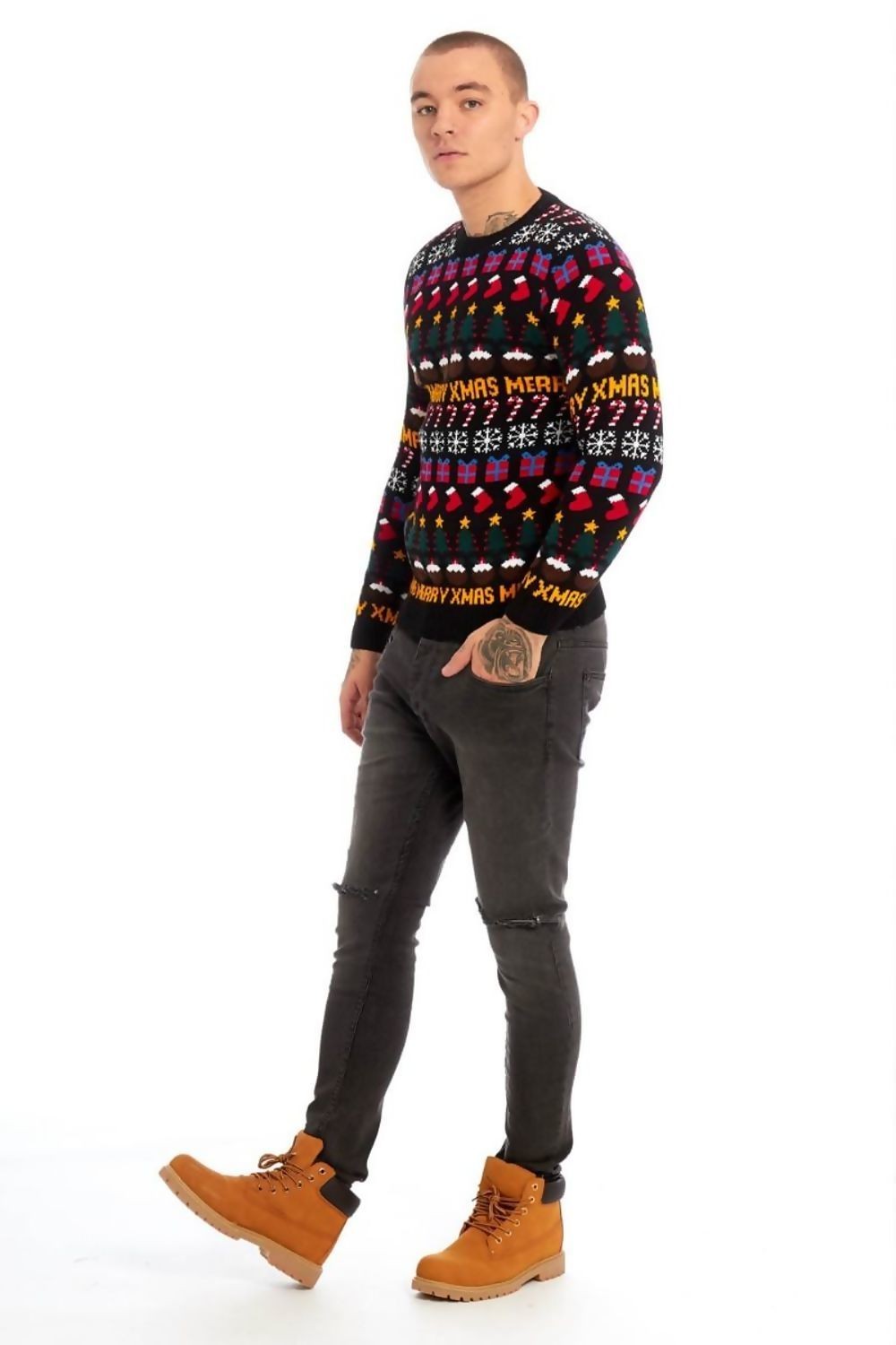 Maglione natalizio da uomo nero con fantasie di natale