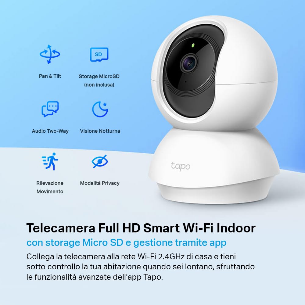 Tapo C200 Telecamera Wi-Fi Interno FHD, Videocamera sorveglianza, Visione Notturna, 360° Visuale, Audio Bidirezionale, Rilevamento di movimento e notifiche, Allarme acustico e luminoso integrato