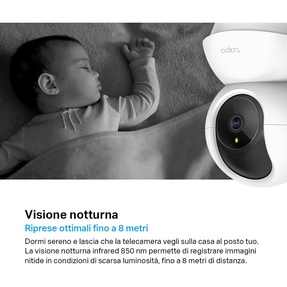 Tapo C200 Telecamera Wi-Fi Interno FHD, Videocamera sorveglianza, Visione Notturna, 360° Visuale, Audio Bidirezionale, Rilevamento di movimento e notifiche, Allarme acustico e luminoso integrato