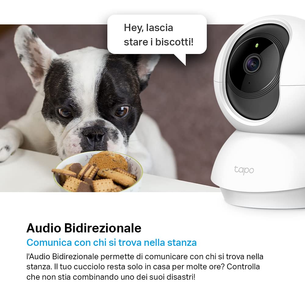 Tapo C200 Telecamera Wi-Fi Interno FHD, Videocamera sorveglianza, Visione Notturna, 360° Visuale, Audio Bidirezionale, Rilevamento di movimento e notifiche, Allarme acustico e luminoso integrato