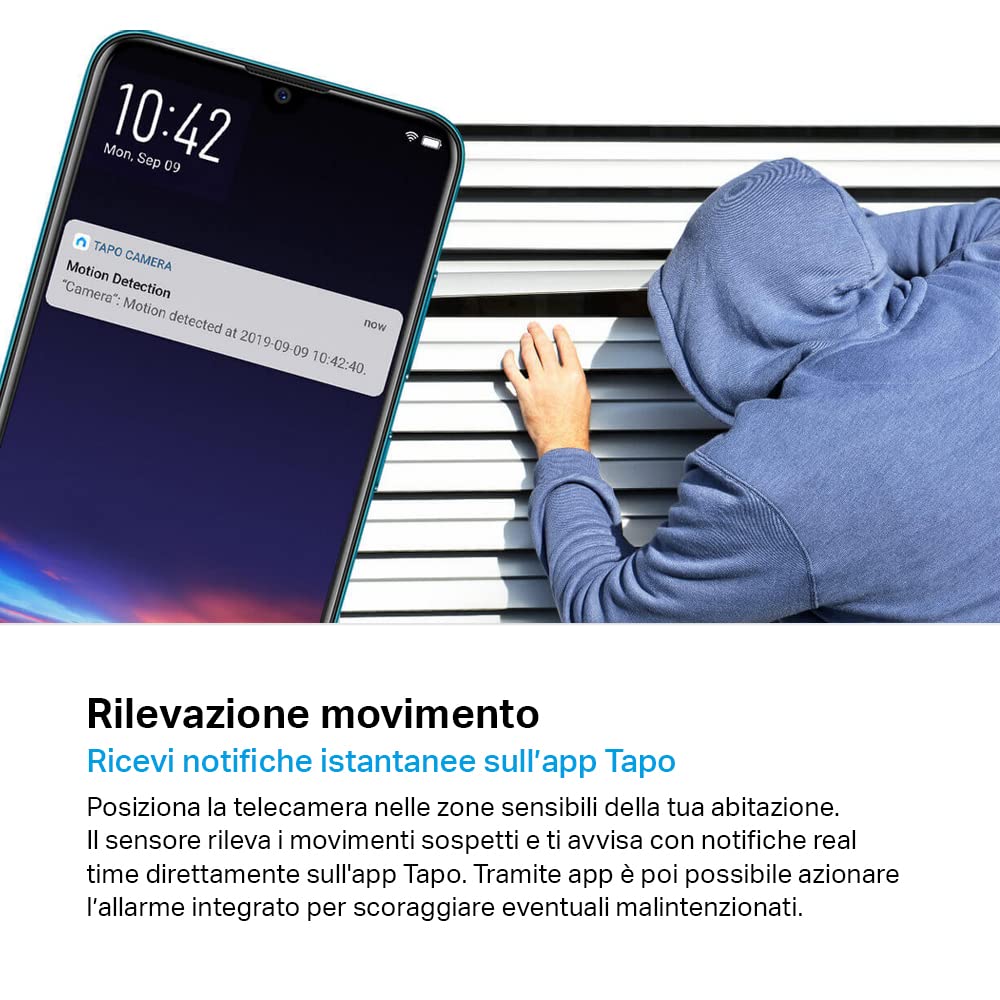 Tapo C200 Telecamera Wi-Fi Interno FHD, Videocamera sorveglianza, Visione Notturna, 360° Visuale, Audio Bidirezionale, Rilevamento di movimento e notifiche, Allarme acustico e luminoso integrato