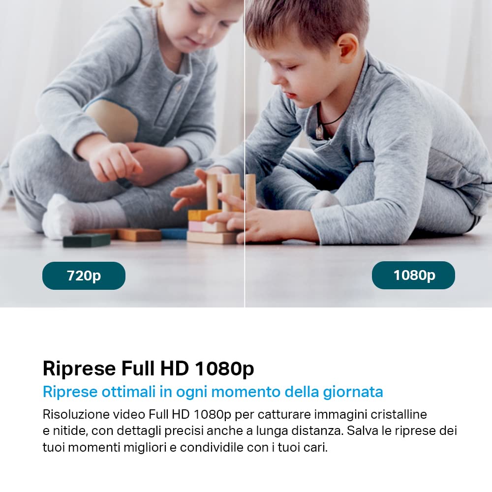 Tapo C200 Telecamera Wi-Fi Interno FHD, Videocamera sorveglianza, Visione Notturna, 360° Visuale, Audio Bidirezionale, Rilevamento di movimento e notifiche, Allarme acustico e luminoso integrato