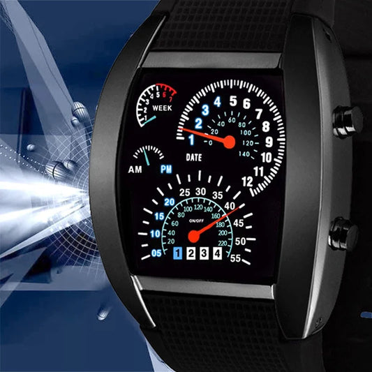 Orologio Elettronico LED Stile Cruscotto da Corsa - Moda Sportiva, Aviazione, Personalizzato per Uomo, Donna e Studenti.