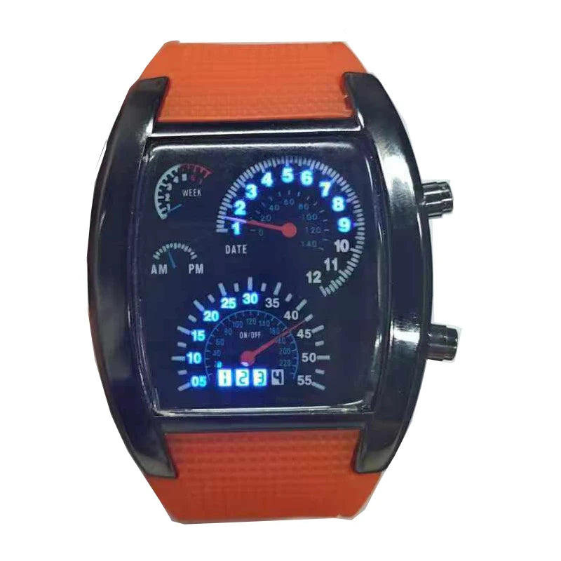 Orologio Elettronico LED Stile Cruscotto da Corsa - Moda Sportiva, Aviazione, Personalizzato per Uomo, Donna e Studenti.