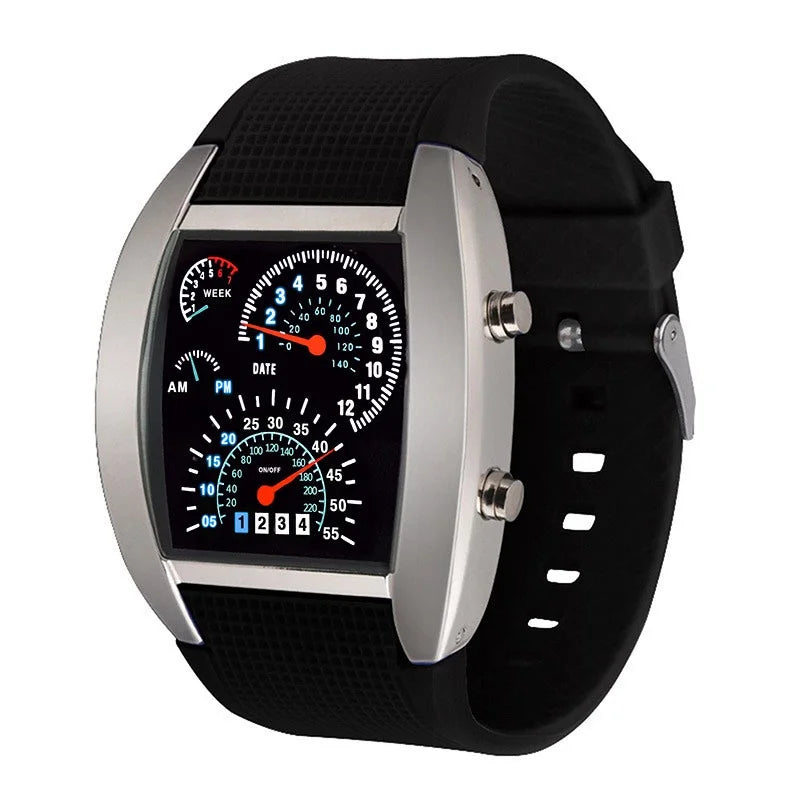 Orologio Elettronico LED Stile Cruscotto da Corsa - Moda Sportiva, Aviazione, Personalizzato per Uomo, Donna e Studenti.