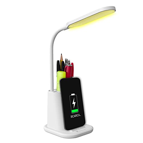 TECHMADE Lampada da Scrivania LED, da Tavolo, Touch Control, Wireless Ricaricabile Telefono, 3 Colori Luce | per Cameretta, Ufficio, Studio |Porta USB Lampada Flessibile e regolabile
