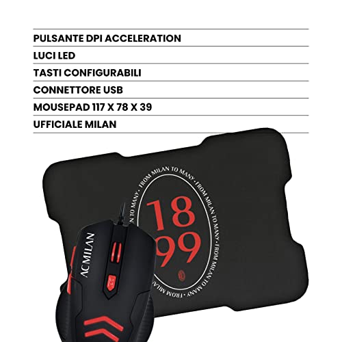 TECHMADE AC MILAN MOUSE USB CON FILO +MOUSEPAD GAMING TM-M016 COLORE ROSSO NERO