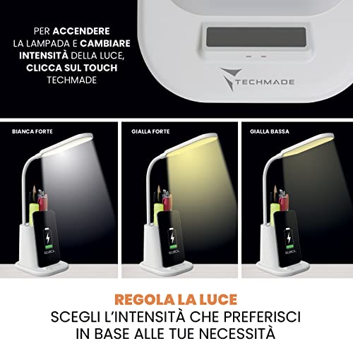 TECHMADE Lampada da Scrivania LED, da Tavolo, Touch Control, Wireless Ricaricabile Telefono, 3 Colori Luce | per Cameretta, Ufficio, Studio |Porta USB Lampada Flessibile e regolabile