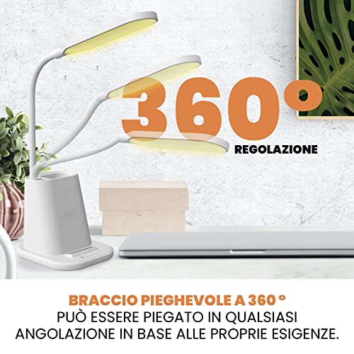 TECHMADE Lampada da Scrivania LED, da Tavolo, Touch Control, Wireless Ricaricabile Telefono, 3 Colori Luce | per Cameretta, Ufficio, Studio |Porta USB Lampada Flessibile e regolabile