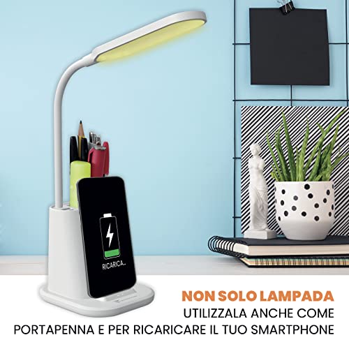 TECHMADE Lampada da Scrivania LED, da Tavolo, Touch Control, Wireless Ricaricabile Telefono, 3 Colori Luce | per Cameretta, Ufficio, Studio |Porta USB Lampada Flessibile e regolabile