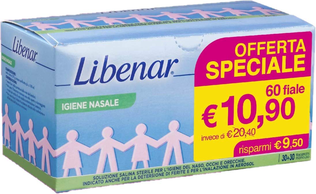 Libenar Soluzione Isotonica, Soluzione Fisiologica Salina per Detersione di Naso, Occhi, Orecchie e per l'Inalazione in Aerosol, Adatto a Neonati e Bambini, Flaconcini Monouso da 5 ml - 60 Flaconcini
