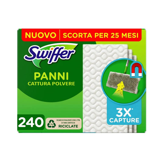 Swiffer Panni Catturapolvere, 240 Panni Microfibra Dry, Panni Cattura Polvere e Sporco, Ottimo per Tutti i Tipi di Pavimenti e per i Peli di Animali, Maxi Formato, Panni con 79% di Fibre Riciclate