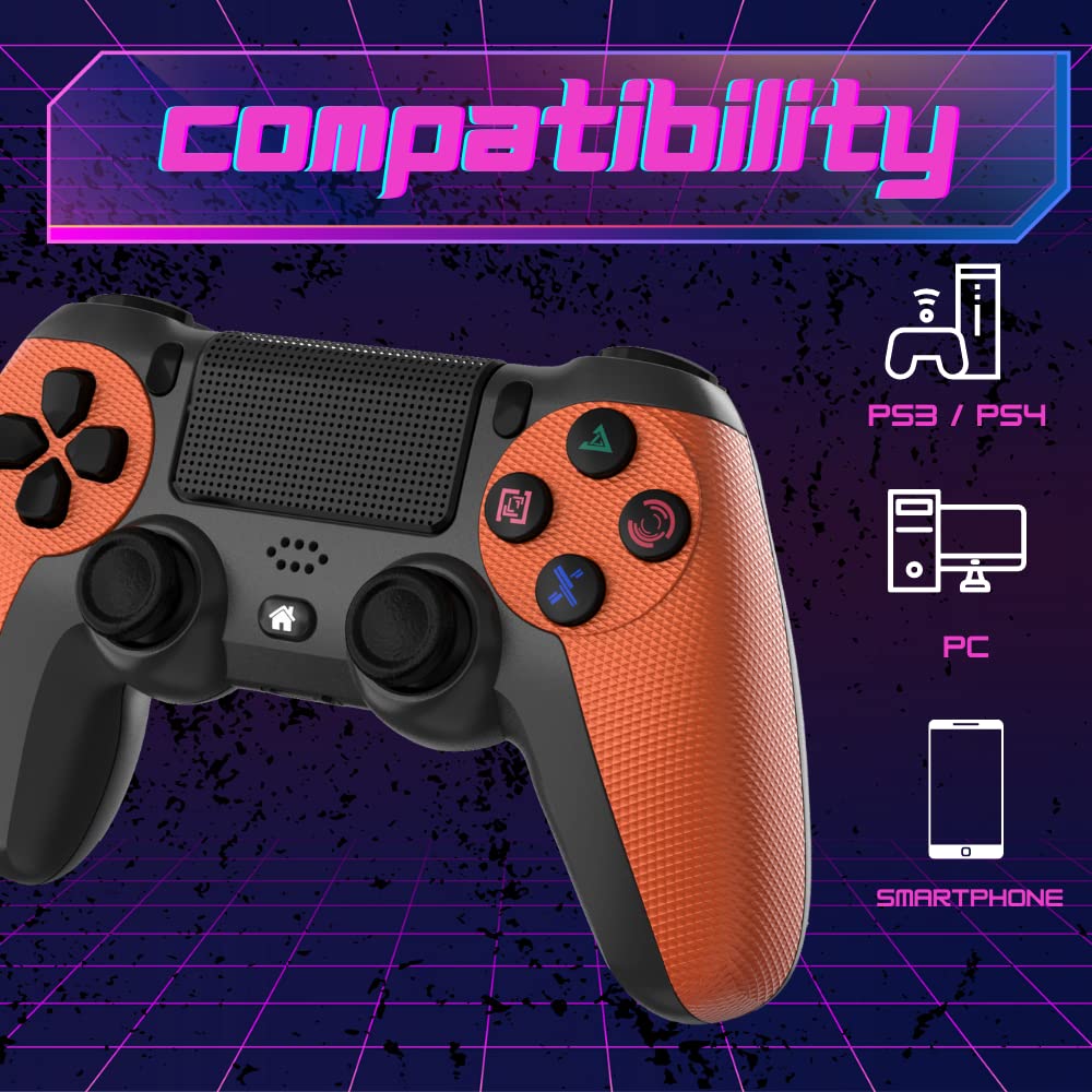 NK Wireless Controller PS4 / PS3 / PC/Mobile - Controller wireless con Dualshock, Vibrazione, Rilevamento a 6 assi, luce LED, pannello tattile, jack per cuffie, cavo di ricarica - Arancione