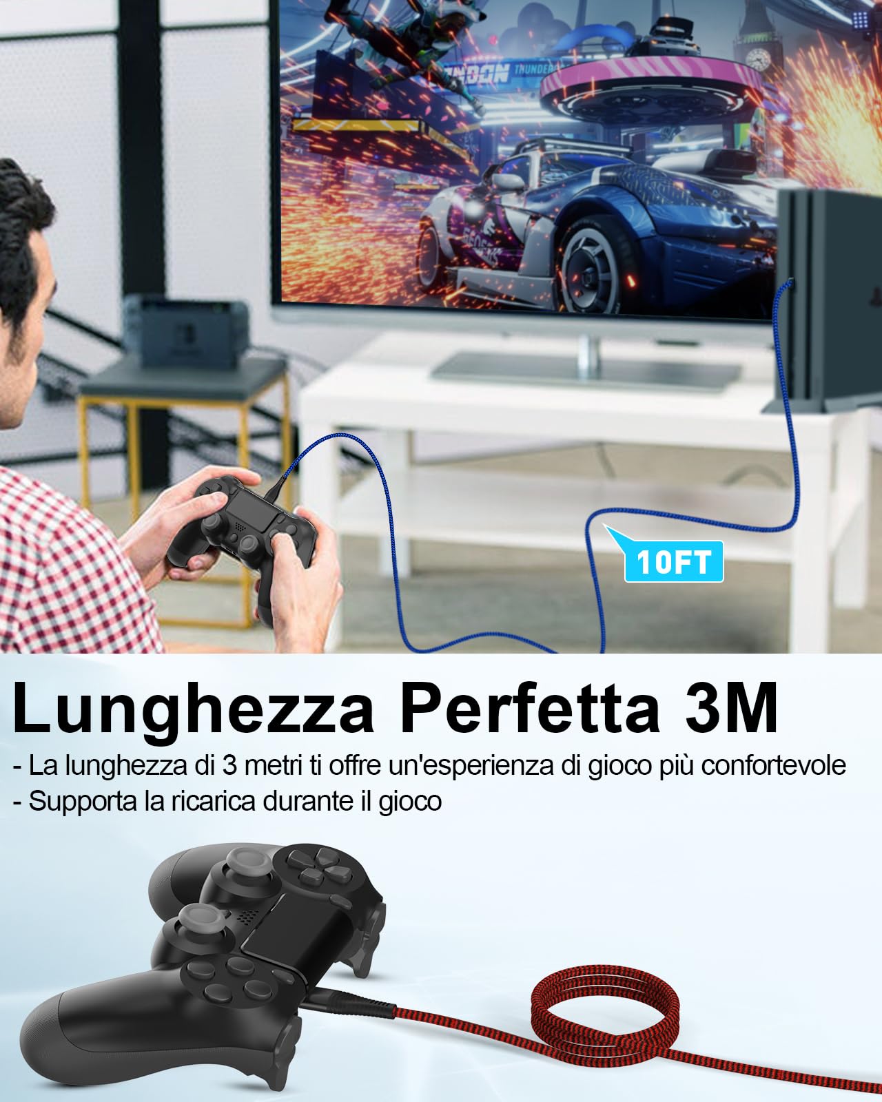 HUNYYN Cavi di Ricarica Micro USB da 3 Metri per Controller PS4 - Set da 2, Compatibile con Sony Joypad PlayStation 4/DualShock 4/Joystick PS4/PS4 Pro/PS4 Slim/Vecchio Controller Xbox One